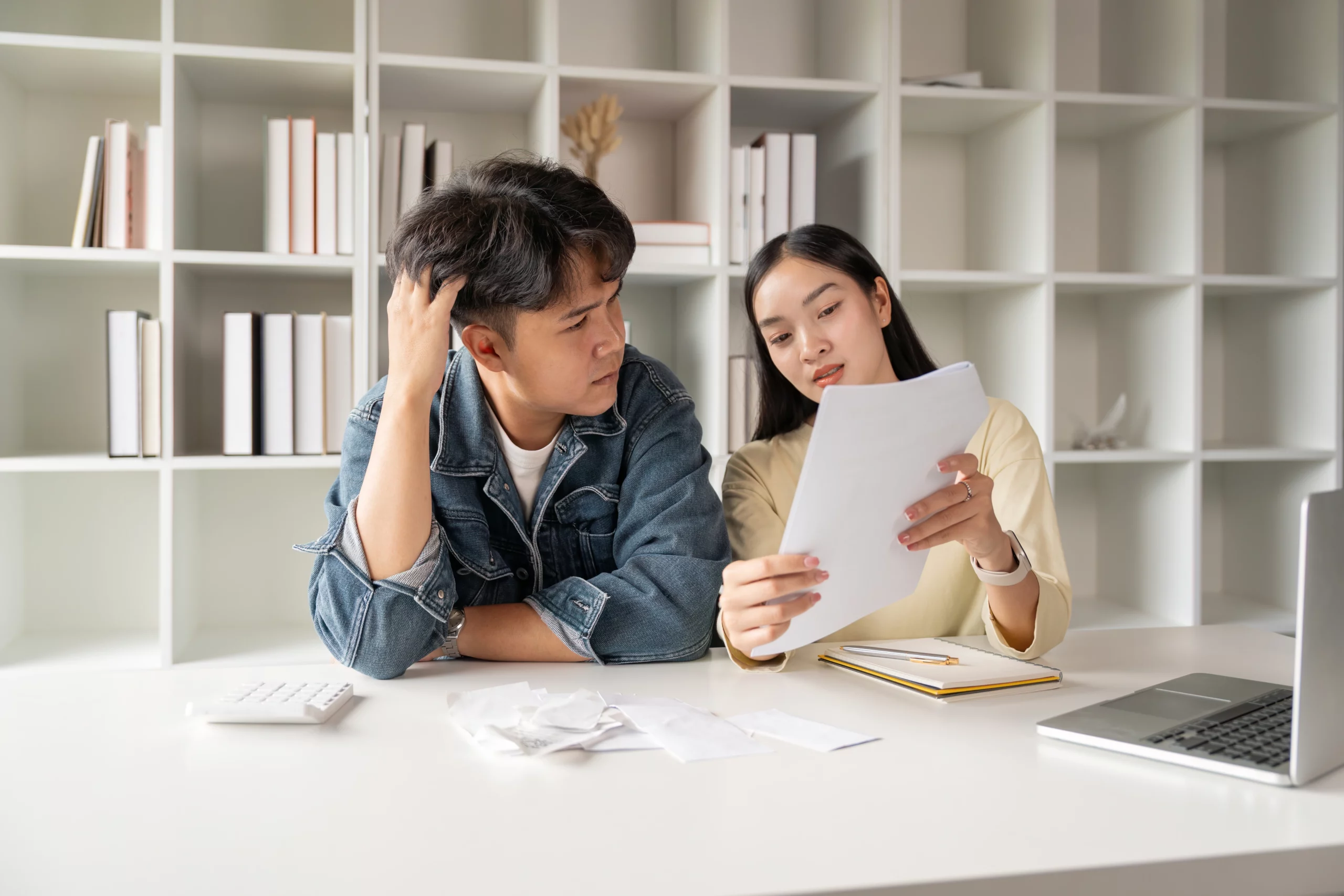 Couple with papers, calculator and laptop looking worried at table, surrounded by work-related materials — depicting joint financial stress and bankruptcy decisions for married partners.